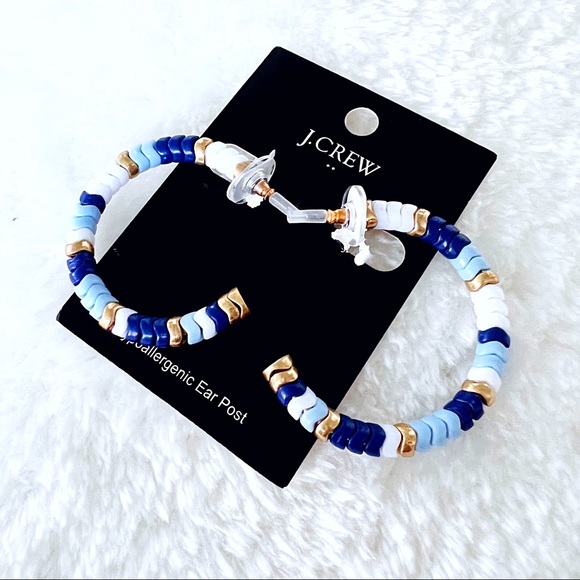 J. Crew Blue and White Colorblock Beaded Chevron Hoop Earrings - Picture 3 of 4